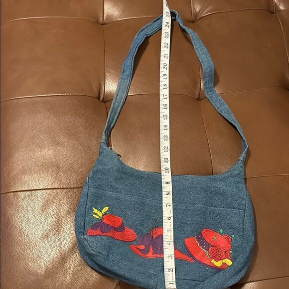 Vintage Red Hat Society Blue/ Red Denim Shoulder Bag Hand Painted Hats Bows - Picture 7 of 7